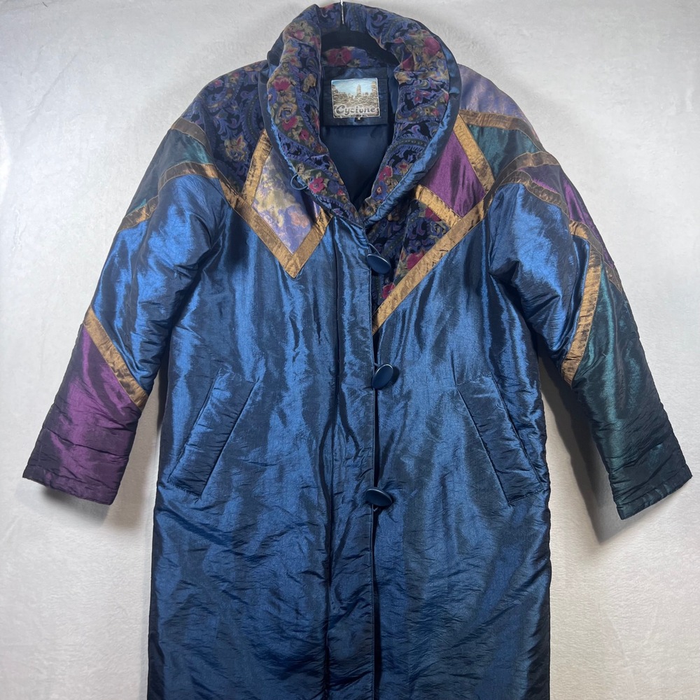 Cyclone Vintage 80s Colorblock Puffer Coat Iridescent Blue Floral Paisley Sz 10